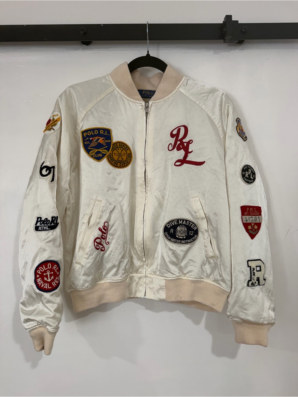 POLO Ralph Lauren Ivory Satin Patch Bomber Jacket Size L Never Worn